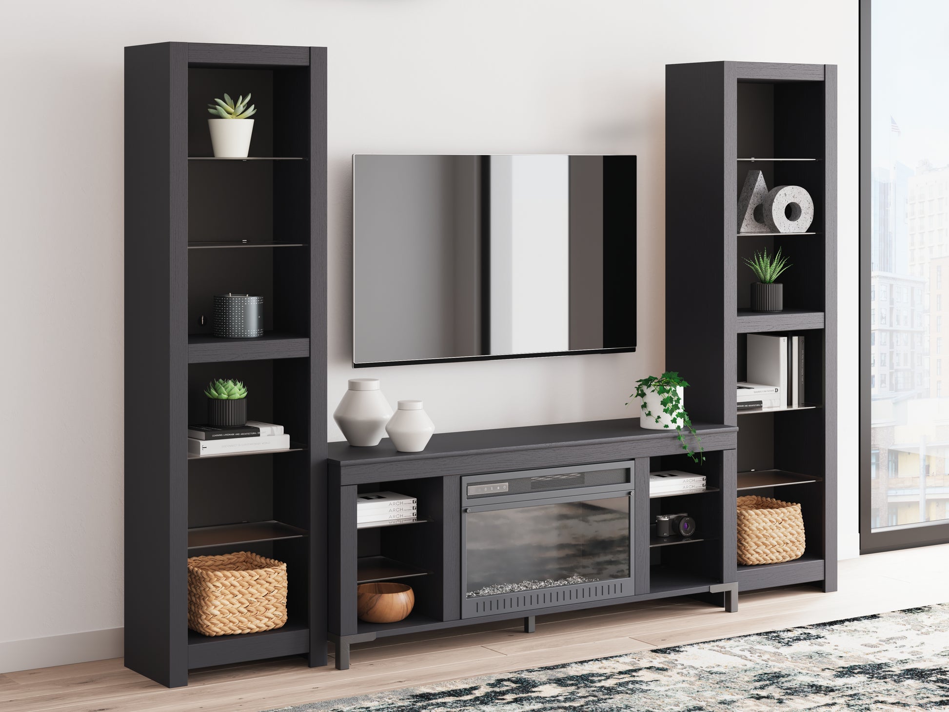 The Furniture Outlets - Ashley Furniture - Cayberry 3-Piece Entertainment Center with Electric Fireplace - 3-Piece Entertainment Center with Electric Fireplace / Black - W2721W2