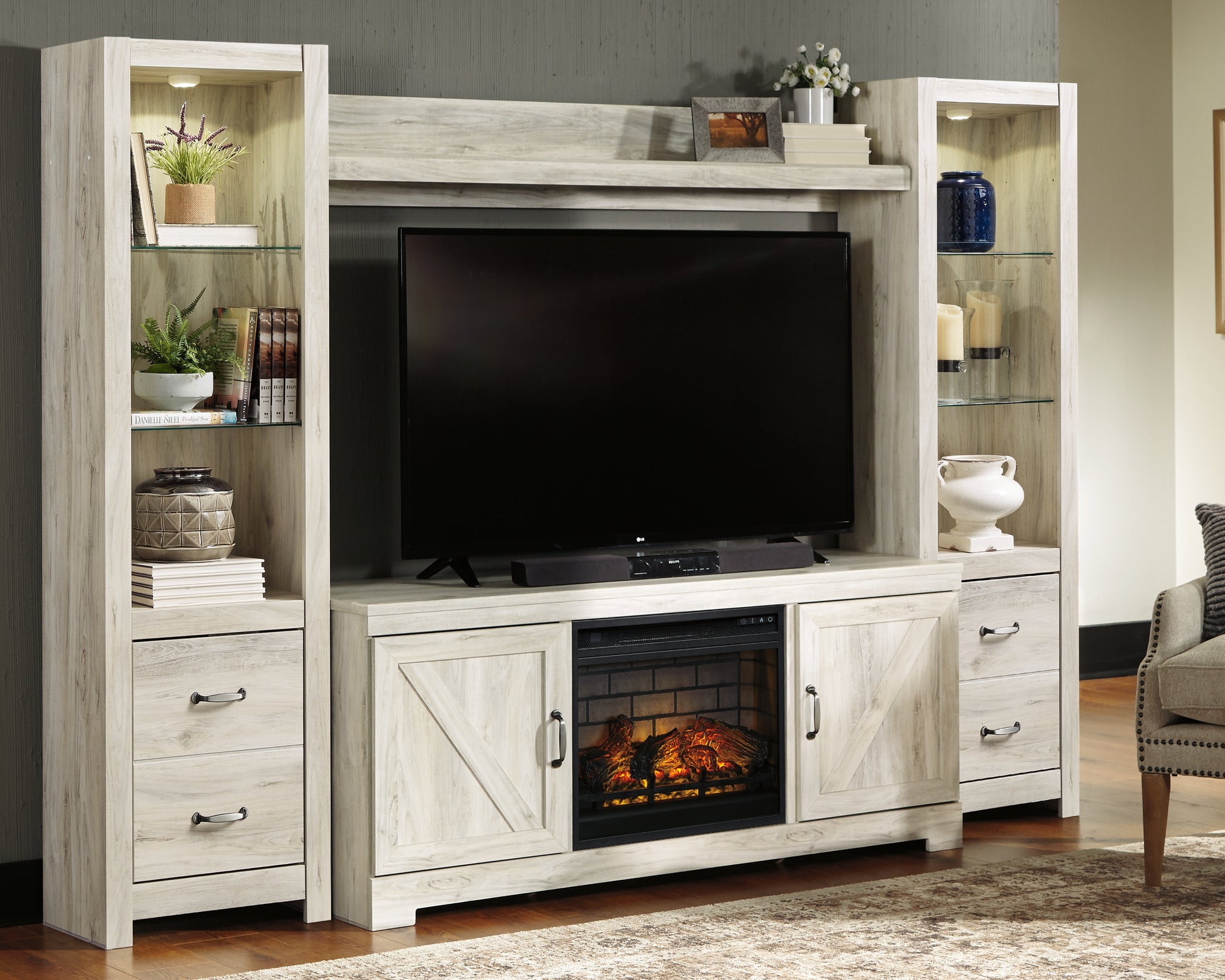 The Furniture Outlets - Ashley Furniture - Bellaby 4-Piece Entertainment Center with Electric Fireplace - 4-Piece Entertainment Center with Electric Fireplace / Whitewash - W331W8