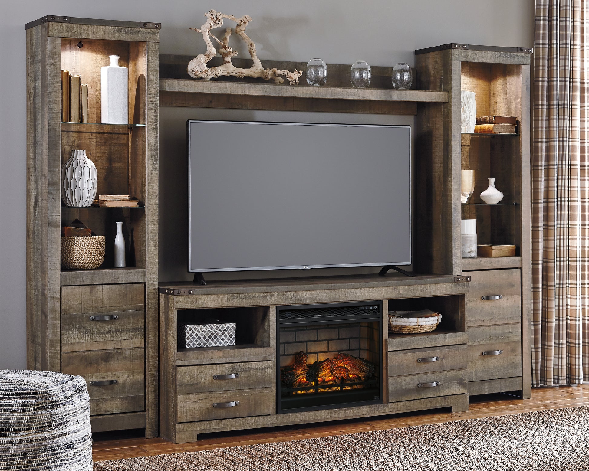 The Furniture Outlets - Ashley Furniture - Trinell 4-Piece Entertainment Center with Electric Fireplace - 4-Piece Entertainment Center with Electric Fireplace / Brown - W446W8