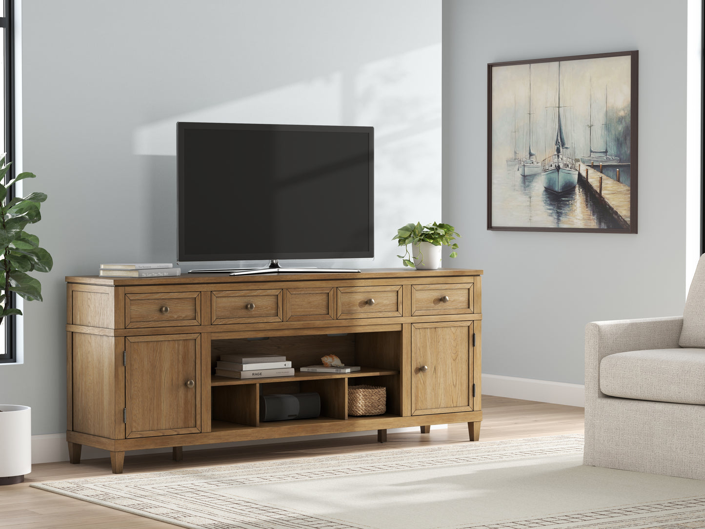 The Furniture Outlets - Ashley Furniture - Sharlance 81" TV Stand - 81" / Light Brown - W655-68