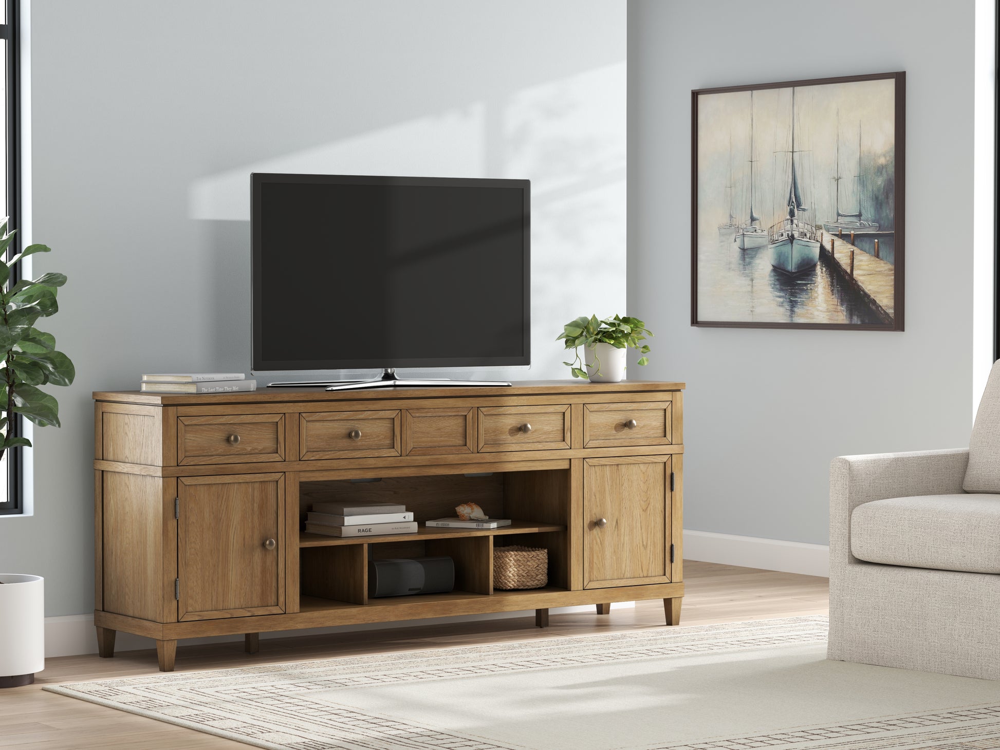 The Furniture Outlets - Ashley Furniture - Sharlance 81" TV Stand - 81" / Light Brown - W655-68