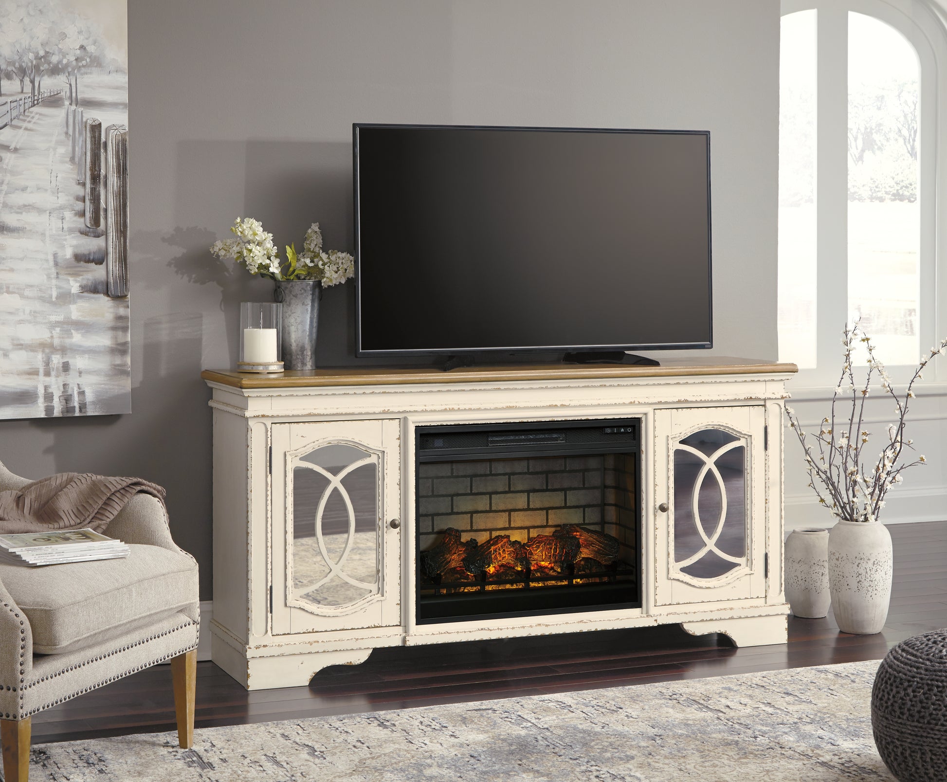 The Furniture Outlets - Ashley Furniture - Realyn 74" TV Stand with Electric Fireplace - 74" TV Stand with Electric Fireplace / Chipped White - W743W2